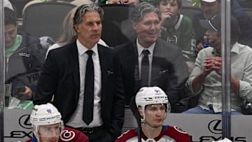 May 3, 2025; Dallas, Texas, USA; Colorado Avalanche head coach Jared Bednar and a fan dressed as Bednar look on during the second period against the Dallas Stars in game seven of the first round of the 2025 Stanley Cup Playoffs at American Airlines Center. Mandatory Credit: Jerome Miron-Imagn Images