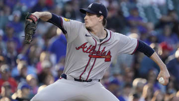 May 22, 2024; Chicago, Illinois, USA; Atlanta Braves pitcher Max Fried (54) throws the ball against the Chicago Cubs during the first inning at Wrigley Field. Mandatory Credit: David Banks-USA TODAY Sports