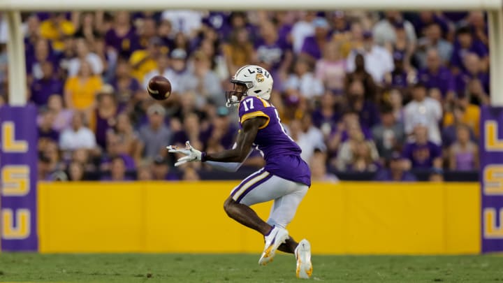 Sep 24, 2022; Baton Rouge, Louisiana, USA; LSU Tigers wide receiver Chris Hilton Jr. (17) catches a pass against the New Mexico Lobos during the first half at Tiger Stadium. Mandatory Credit: Stephen Lew-USA TODAY Sports