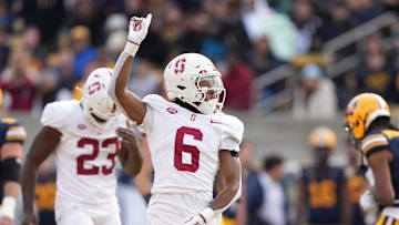 Nov 23, 2024; Berkeley, California, USA; Stanford Cardinal cornerback Collin Wright (6) gestures after a California Golden Bears incomplete pass during the third quarter at California Memorial Stadium. Mandatory Credit: Darren Yamashita-Imagn Images