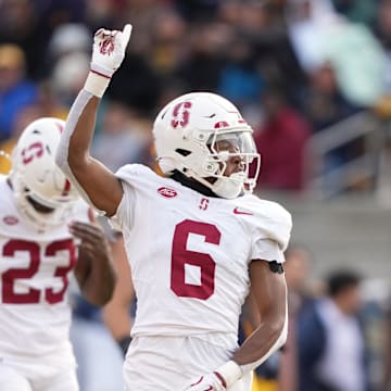 Nov 23, 2024; Berkeley, California, USA; Stanford Cardinal cornerback Collin Wright (6) gestures after a California Golden Bears incomplete pass during the third quarter at California Memorial Stadium. Mandatory Credit: Darren Yamashita-Imagn Images
