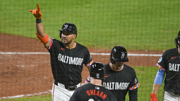 Aug 23, 2024; Baltimore, Maryland, USA;  Baltimore Orioles right fielder Anthony Santander (25) reacts after hitting a eighth inning grand slam against the Houston Astros at Oriole Park at Camden Yards