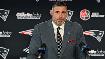 Mike Vrabel addresses the media at a press conference to announce his hiring as the New England Patriots head coach at Gillette Stadium.