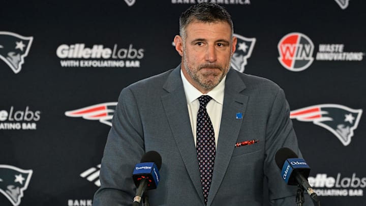 Mike Vrabel addresses the media at a press conference to announce his hiring as the New England Patriots head coach at Gillette Stadium.