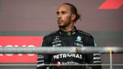 Oct 22, 2023; Austin, Texas, USA; Mercedes AMG Petronas Motorsport driver Lewis Hamilton (44) of Team Great Britain on podium after the 2023 United States Grand Prix at Circuit of the Americas. Mandatory Credit: Jerome Miron-USA TODAY Sports