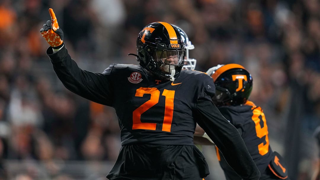 Tennessee defensive lineman Omari Thomas (21) celebrates after tackling Kentucky quarterback Brock Vandagriff (12) during a NCAA football game between Tennessee and Kentucky in Neyland Stadium on Saturday, Nov. 2, 2024.