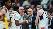 Feb 18, 2025; Hartford, Connecticut, USA; UConn Huskies head coach Dan Hurley watches from the sideline as they take on the Villanova Wildcats at XL Center. Mandatory Credit: David Butler II-Imagn Images
