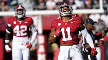 Nov 16, 2024; Tuscaloosa, AL, USA; Alabama Crimson Tide linebacker Jihaad Campbell (11) celebrates after sacking Mercer quarterback Whitt Newbauer (8) at Bryant-Denny Stadium. Mandatory Credit: Gary Cosby Jr.-Tuscaloosa News