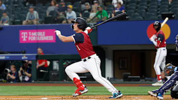 American League Future infielder Cole Young (1) singles during the first inning against the National League Future team during the Major league All-Star Futures game at Globe Life Field in 2024.