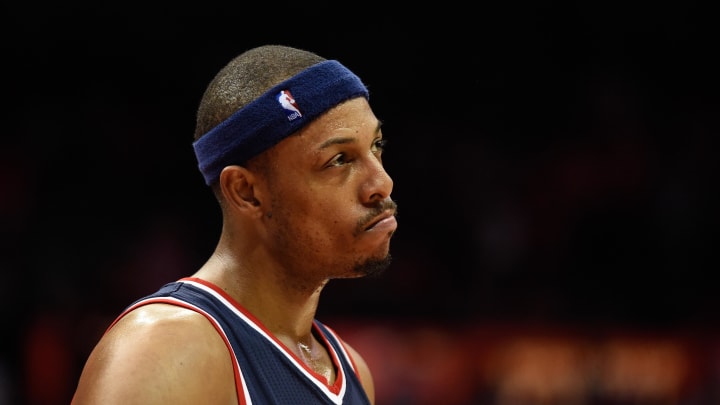 May 5, 2015; Atlanta, GA, USA; Washington Wizards forward Paul Pierce (34) reacts near the end of the game against the Atlanta Hawks during the second half in game two of the second round of the NBA Playoffs at Philips Arena. The Hawks defeated the Wizards 106-90.  Mandatory Credit: Dale Zanine-USA TODAY Sports