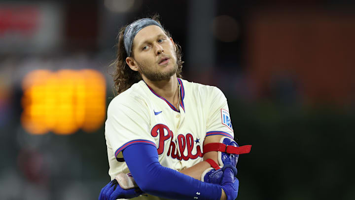 Oct 5, 2024; Philadelphia, PA, USA; Philadelphia Phillies third baseman Alec Bohm (28) reacts after the final out in the eighth inning against the New York Mets in game one of the NLDS for the 2024 MLB Playoffs at Citizens Bank Park. Oct 5, 2024; Philadelphia, PA, USA; Philadelphia Phillies third baseman Alec Bohm (28) reacts after the final out in the eighth inning against the New York Mets in game one of the NLDS for the 2024 MLB Playoffs at Citizens Bank Park.