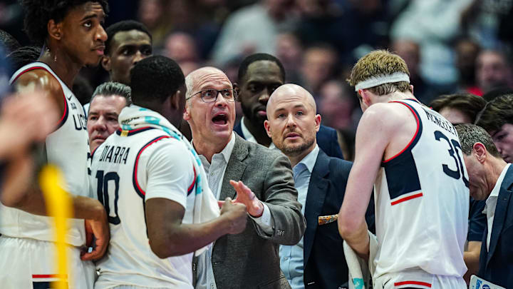 Feb 18, 2025; Hartford, Connecticut, USA; UConn Huskies head coach Dan Hurley watches from the sideline as they take on the Villanova Wildcats at XL Center. Mandatory Credit: David Butler II-Imagn Images