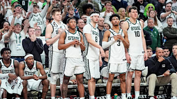 From left, Michigan State forward Jaxon Kohler (0), guard Jeremy Fears Jr. (1), forward Frankie Fidler (8), guard Jaden Akins (3) and center Szymon Zapala (10) watch a play against Minnesota during the second half at Breslin Center in East Lansing on Tuesday, Jan. 28, 2025.