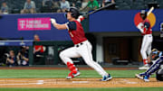 American League Future infielder Cole Young singles during the MLB All-Star Futures Game on July 13, 2024, at Globe Life Field.