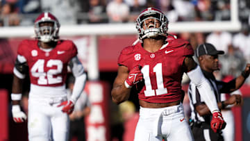 Nov 16, 2024; Tuscaloosa, AL, USA; Alabama Crimson Tide linebacker Jihaad Campbell (11)