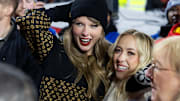 Taylor Swift and Brittany Mahomes celebrate after the AFC Championship game against the Buffalo Bills at GEHA Field 