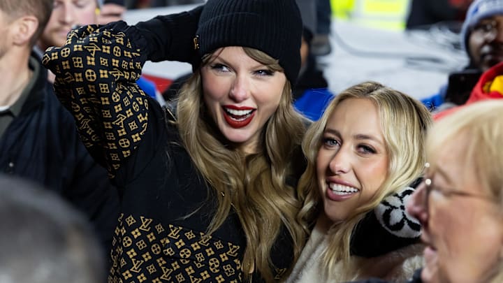 Taylor Swift and Brittany Mahomes celebrate after the AFC Championship game against the Buffalo Bills at GEHA Field Taylor Swift and Brittany Mahomes celebrate after the AFC Championship game against the Buffalo Bills at GEHA Field
