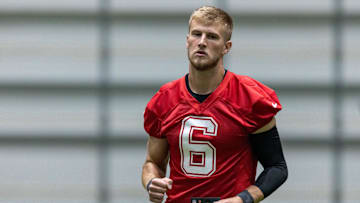 May 10, 2025; New Orleans, LA, USA;  New Orleans Saints quarterback Tyler Shough (6) during rookie minicamp at Ochsner Sports Performance Center. Mandatory Credit: Stephen Lew-Imagn Images