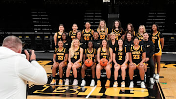 The Iowa women’s basketball team gathers for a group photo during the team’s media day Oct. 14, 2025 at Carver-Hawkeye Arena in Iowa City, Iowa.