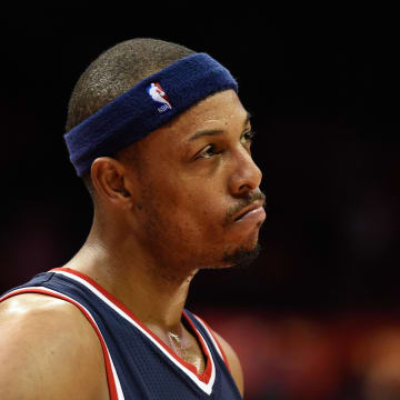 May 5, 2015; Atlanta, GA, USA; Washington Wizards forward Paul Pierce (34) reacts near the end of the game against the Atlanta Hawks during the second half in game two of the second round of the NBA Playoffs at Philips Arena. The Hawks defeated the Wizards 106-90.  Mandatory Credit: Dale Zanine-USA TODAY Sports