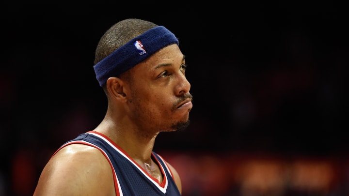 May 5, 2015; Atlanta, GA, USA; Washington Wizards forward Paul Pierce (34) reacts near the end of the game against the Atlanta Hawks during the second half in game two of the second round of the NBA Playoffs at Philips Arena. The Hawks defeated the Wizards 106-90.  Mandatory Credit: Dale Zanine-USA TODAY Sports