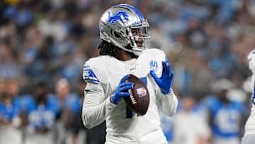 Detroit Lions quarterback Teddy Bridgewater drops back to pass during the second quarter against the Carolina Panthers