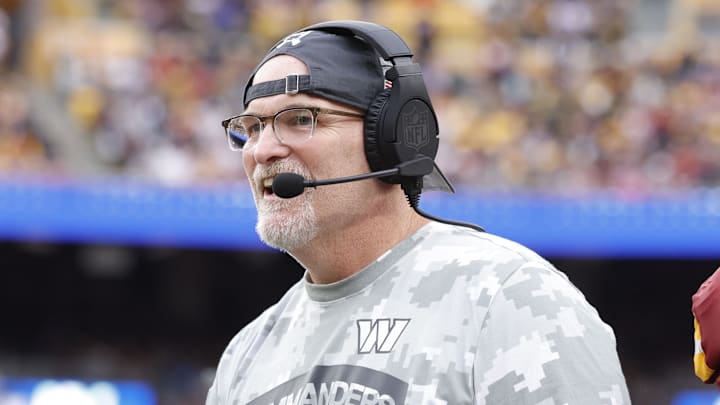 Dan Quinn during the Commanders' 28–27 loss to the Steelers on Nov. 10, 2024. Dan Quinn during the Commanders' 28–27 loss to the Steelers on Nov. 10, 2024.