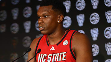 Oct 8, 2025; Charlotte, NC, USA; NC State player Ven-Allen Lubin answers questions from the media at The Hilton Charlotte Uptown. Mandatory Credit: William Howard-Imagn Images