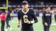 Oct 5, 2025; New Orleans, Louisiana, USA; New Orleans Saints quarterback Tyler Shough (6) walks off the field after their win against the New York Giants at Caesars Superdome. Mandatory Credit: Stephen Lew-Imagn Images