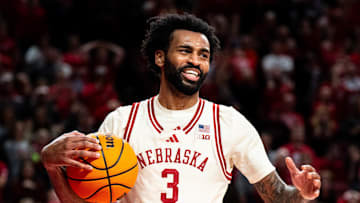 Jan 30, 2025; Lincoln, Nebraska, USA; Nebraska Cornhuskers guard Brice Williams (3) reacts after a foul during the second half against the Illinois Fighting Illini at Pinnacle Bank Arena. Mandatory Credit: Dylan Widger-Imagn Images