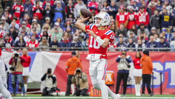 Oct 13, 2024; Foxborough, Massachusetts, USA; New England Patriots quarterback Drake Maye (10) throws the ball against the Houston Texans during the first half at Gillette Stadium. Mandatory Credit: Gregory Fisher-Imagn Images