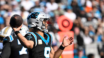 Nov 9, 2025; Charlotte, North Carolina, USA; Carolina Panthers quarterback Bryce Young (9) looks to pass in the second quarter at Bank of America Stadium. Mandatory Credit: Bob Donnan-Imagn Images