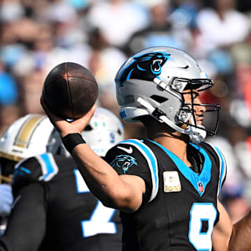 Nov 9, 2025; Charlotte, North Carolina, USA; Carolina Panthers quarterback Bryce Young (9) looks to pass in the second quarter at Bank of America Stadium. Mandatory Credit: Bob Donnan-Imagn Images