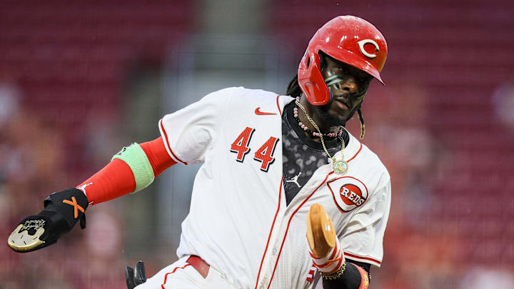 Sep 17, 2024; Cincinnati, Ohio, USA; Cincinnati Reds shortstop Elly De La Cruz (44) scores on a RBI single hit by catcher Tyler Stephenson (not pictured) in the first inning against the Atlanta Braves at Great American Ball Park. Mandatory Credit: Katie Stratman-Imagn Images