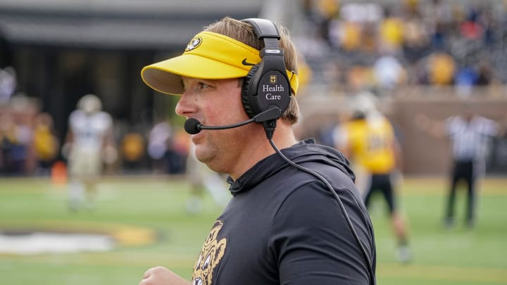 Oct 22, 2022; Columbia, Missouri, USA; Missouri Tigers head coach Eli Drinkwitz on the sidelines against the Vanderbilt Commodores during the first half of the game at Faurot Field at Memorial Stadium.