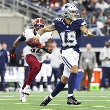 Dallas Cowboys quarterback Trey Lance throws during the second half against the Washington Commanders.