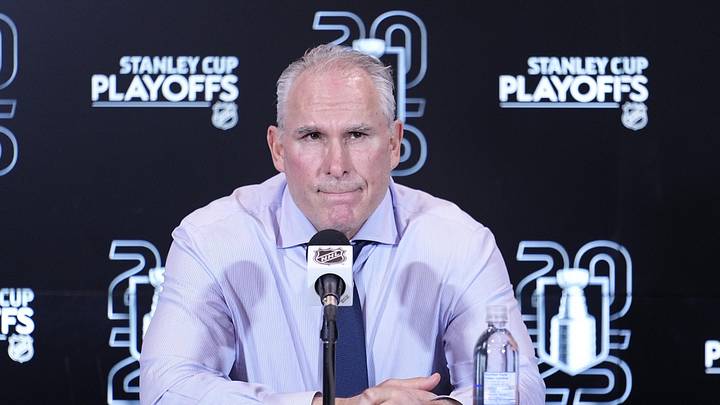 Apr 20, 2025; Toronto, Ontario, CAN; Toronto Maple Leafs head coach Craig Berube listens to a question from the media following game one of the first round of the 2025 Stanley Cup Playoffs against the Ottawa Senators at Scotiabank Arena. Mandatory Credit: John E. Sokolowski-Imagn Images