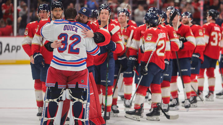 Apr 13, 2026; Sunrise, Florida, USA; New York Rangers goaltender Jonathan Quick (32) receives a hug from Florida Panthers goaltender Sergei Bobrovsky (72) after the game at Amerant Bank Arena. Mandatory Credit: Sam Navarro-Imagn Images