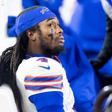 Jan 26, 2025; Kansas City, MO, USA; Buffalo Bills running back James Cook (4) reacts in the closing minutes of the game against the Kansas City Chiefs during the AFC Championship game.