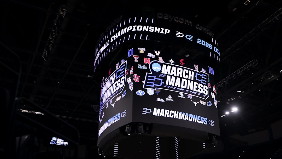 Mar 21, 2026; Oklahoma City, OK, USA; The March Madness logo is seen prior to game between the Texas A&M Aggies and Houston Cougars in the second round of the men's 2026 NCAA Tournament at Paycom Center. Mandatory Credit: William Purnell-Imagn Images