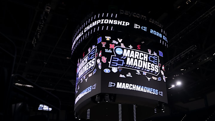 Mar 21, 2026; Oklahoma City, OK, USA; The March Madness logo is seen prior to game between the Texas A&M Aggies and Houston Cougars in the second round of the men's 2026 NCAA Tournament at Paycom Center. Mandatory Credit: William Purnell-Imagn Images