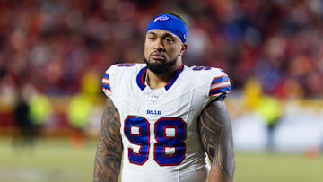 Jan 26, 2025; Kansas City, MO, USA; Buffalo Bills defensive tackle Austin Johnson (98) against the Kansas City Chiefs during the AFC Championship game at GEHA Field at Arrowhead Stadium. 