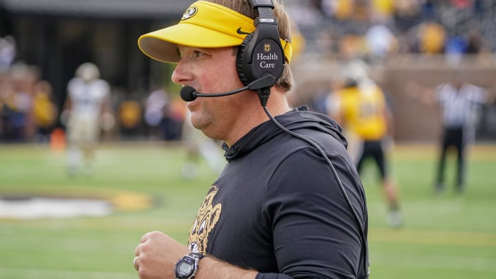 Oct 22, 2022; Columbia, Missouri, USA; Missouri Tigers head coach Eli Drinkwitz on the sidelines against the Vanderbilt Commodores during the first half of the game at Faurot Field at Memorial Stadium. Mandatory Credit: Denny Medley-USA TODAY Sports