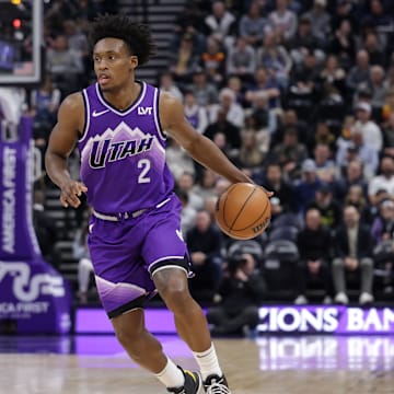 Mar 29, 2024; Salt Lake City, Utah, USA;  Utah Jazz guard Collin Sexton (2) dribbles the ball up the court during the first quarter against the Houston Rockets at Delta Center. Mandatory Credit: Chris Nicoll-Imagn Images