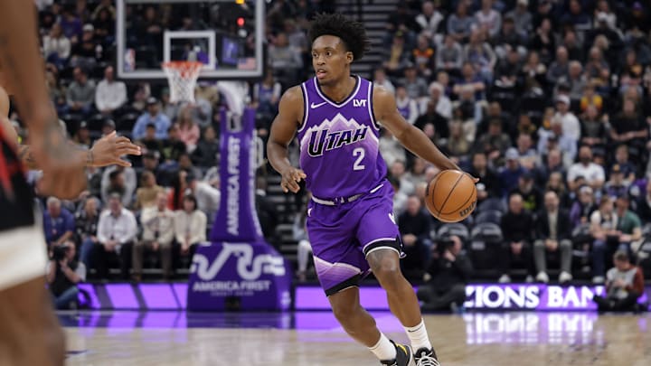 Mar 29, 2024; Salt Lake City, Utah, USA;  Utah Jazz guard Collin Sexton (2) dribbles the ball up the court during the first quarter against the Houston Rockets at Delta Center. Mandatory Credit: Chris Nicoll-Imagn Images