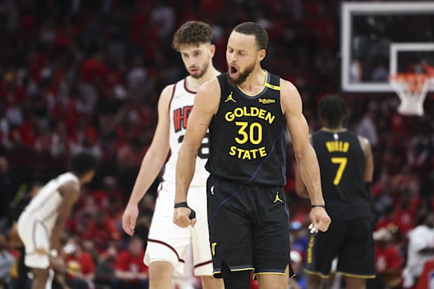 The Golden State Warriors goalkeeper Stephen Curry (30) reacts after a game during the seven round match for the NBA 2025 game