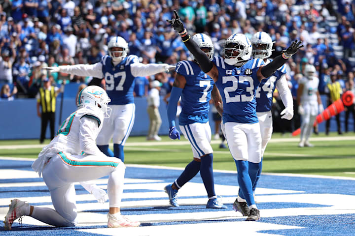 Indianapolis Colts cornerback Kenny Moore II celebrates after a play during the second half against the Miami Dolphins. 