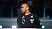 Nov 23, 2024; Las Vegas, Nevada, USA; Mercedes AMG Petronas driver Lewis Hamilton (44) is introduced before the Las Vegas Grand Prix at Las Vegas Circuit. Mandatory Credit: Gary A. Vasquez-Imagn Images