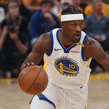 May 10, 2025; San Francisco, California, USA; Golden State Warriors forward Jimmy Butler III (10) dribbles upcourt against the Minnesota Timberwolves in the first quarter during game three of the second round for the 2025 NBA Playoffs at Chase Center. Mandatory Credit: David Gonzales-Imagn Images