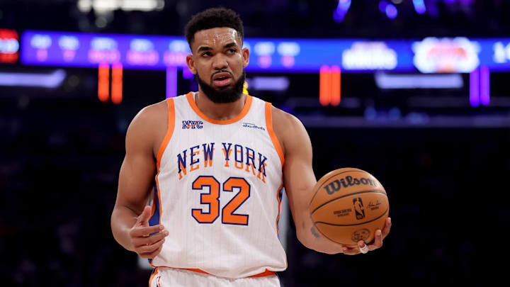 Jan 12, 2025; New York, New York, USA; New York Knicks center Karl-Anthony Towns (32) reacts during the first quarter against the Milwaukee Bucks at Madison Square Garden. Mandatory Credit: Brad Penner-Imagn Images